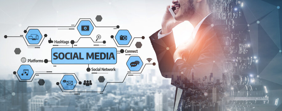 A modern businessman engages in a smartphone conversation amidst a vibrant urban skyline, surrounded by social media icons showcasing digital communication and connectivity. Tessel