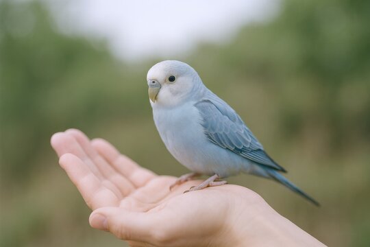 A Forpus bird perches peacefully on a human hand, showcasing trust and avian connection in nature