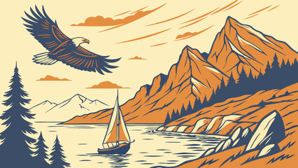 Eagle Soaring Over Mountain Lake with Sailboat Vintage Style Illustration.
