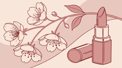 Elegant lipstick and blossom design beauty product illustration cosmetic advertisement floral background spring theme makeup graphic skincare image feminine design vector art line art b.