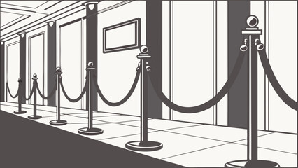 Elegant Rope Stanchions in a Hallway VIP Entrance Exclusive Event Illustration Vector Art Black and White Graphic Design Interior Design Queue Management Access Control Formal Setting L.