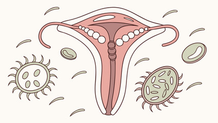 Female reproductive system illustration medical diagram anatomy chart reproductive health gynecology biology microbiology cells bacteria viruses infection illness healthcare science.