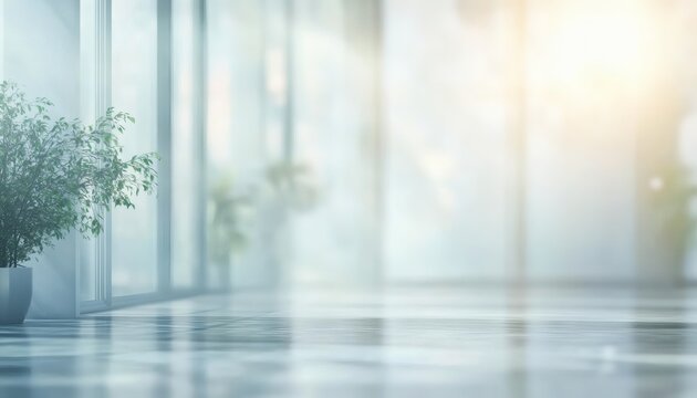 A bright room features large windows, a reflective floor, and a small potted plant near a window, creating a serene atmosphere.