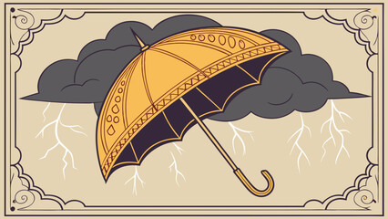 Golden Umbrella Under Storm Clouds Decorative Art Illustration.