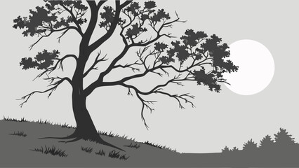 Grayscale illustration of a tree grass and sun nature landscape minimalist art monochrome serenity peaceful tranquil vector design element background illustration graphic artwork.