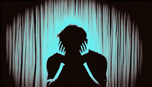 A black silhouette of distress, a person shields ears from an overwhelming presence, on a vintage stage. Capturing a mood of solitude, a timeless experience of psychological strain