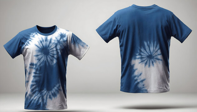 A captivating tie-dye T-shirt showcasing intricate spiral patterns, with its front and back views displayed in stunning detail