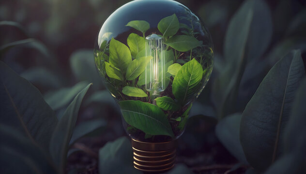 A transparent lightbulb housing verdant leaves inside, representing sustainable concepts, innovative energy and eco-conscious ingenuity