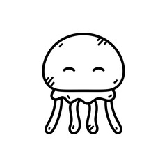 Simple Doodle Illustration of a Cute Jellyfish with Tentacles and Closed Eyes on a Transparent Background