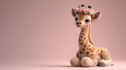 Fototapeta premium Tiny giraffe with soft spotted fur and a pink flower crown, sitting on a pale peach pastel background. Gentle studio lighting and open space for text on one side.