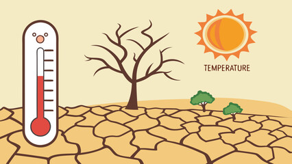 High Temperature Dry Cracked Earth Drought Thermometer Climate Change Illustration.