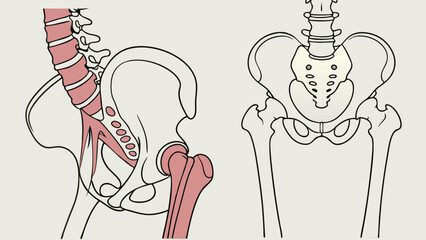 Human Anatomy Illustration Pelvis and Spine Diagram showing sacrum coccyx ilium ischium pubis and lumbar vertebrae.