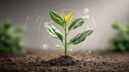 Emerging Seedling in Fertile Soil Symbolizing Growth, Innovation, and Sustainable Future with Digital Overlay