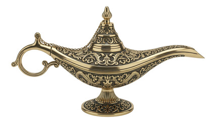 Ornate golden genie lamp with intricate details and mysterious aura isloted on transparent background