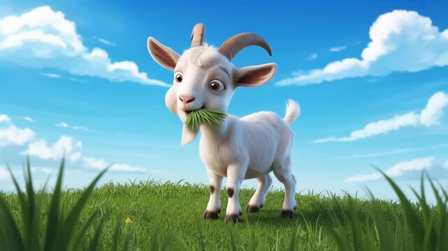 Happy goat cartoon eating grass in green meadow under blue summer sky
