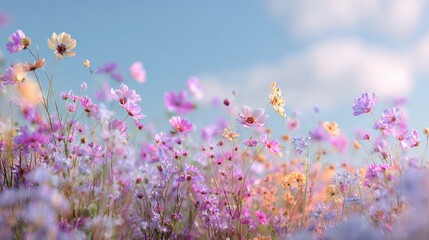 Obraz premium Pastel Cosmos Field - Delicate Blooms Against a Soft Sky.