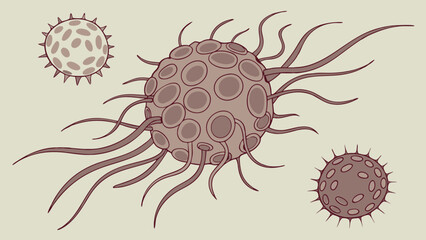 Illustration of microscopic organisms cell structures biology microbiology medicine science research education healthcare pathogen virus bacteria pollen particle microbe abstract.