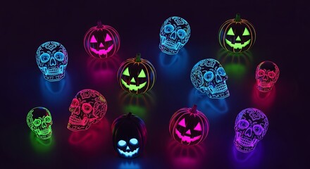 A collection of glowing neon jack-o'-lanterns and sugar skulls for Halloween arranged on a dark reflective surface.