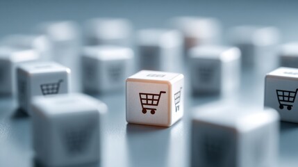 Shopping cart surrounded by colorful cubes representing an adaptive commerce network and diverse product options