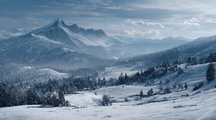Majestic Snow-Covered Mountain Peaks Under a Dramatic, Cloudy Sky.