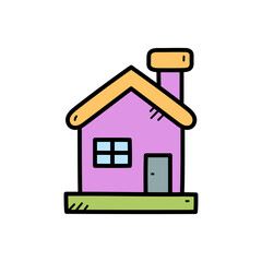 Simple cartoon illustration of a purple house with a yellow roof and orange chimney on a green base with a gray door and a blue window on a white background