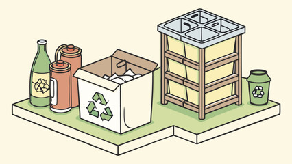 Isometric Illustration of Recycling Bins and Materials for Waste Management and Environmental Awareness.