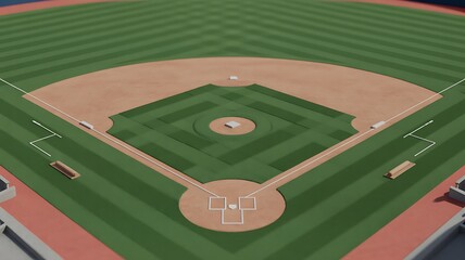Aerial View of a Pristine Baseball Field Capturing the Diamond, Bases, and Meticulously Maintained Striped Outfield