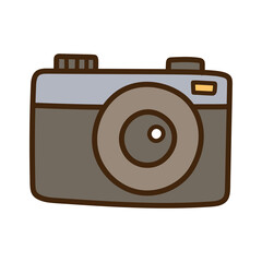 Simple Digital Camera Icon With Blue Gray Top and Brown Lens on Transparent Background