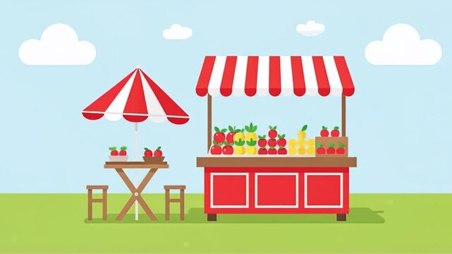 Vector illustration of a charming fruit stall with a red and white striped umbrella and a table laden with fresh produce, set against a clear blue sky with fluffy clouds