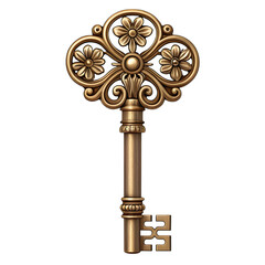 Ornate antique brass skeleton key with floral embellishments and intricate details isolated on transparent background