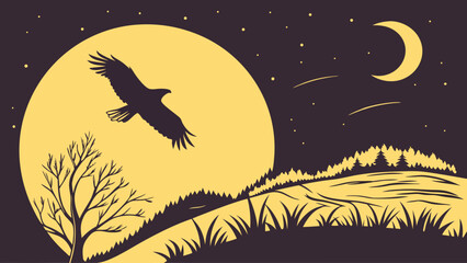 Night Landscape with Bird Silhouette Moon and Stars Vector Illustration.