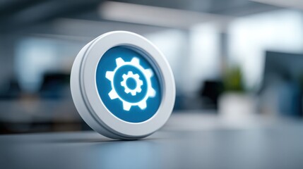 Blue and white button with gear symbol illustrating adaptive offer node concept and core changing dynamics