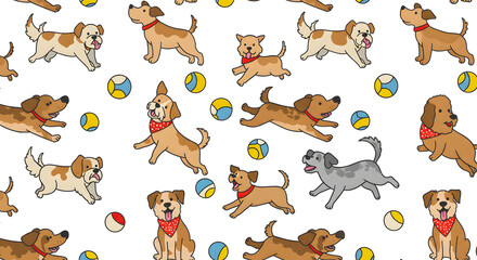 Seamless pattern of cute cartoon dogs playing with colorful balls.