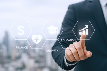 Businessman Touching Growth Icon on Digital Interface Representing Finance, Education, and Healthcare Sectors
