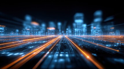 Futuristic Cityscape with Flowing Data Streams: A Conceptual Visualization of Technological Advancement and Digital Connectivity