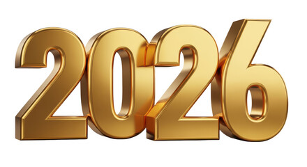 Golden 3d year 2026 text shiny metallic new year celebration anniversary future prospect isloted on transparent background