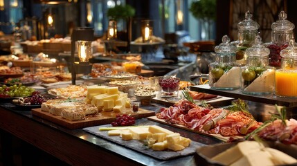Obraz premium Luxurious Gourmet Buffet Spread with Artisanal Cheeses, Charcuterie, and Warm Ambient Light.