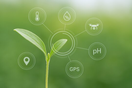 Smart Agriculture Technology: Young Plant with Digital Monitoring Interface for Precision Farming and Sustainable Growth - Powered by Adobe