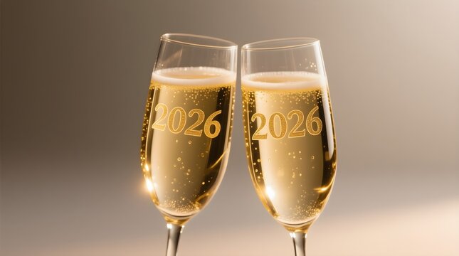 two glasses of champagne on black background. Close-up of champagne glasses toasting with 2026 etched in condensa...