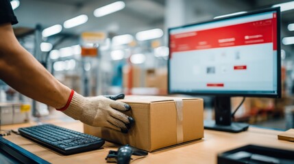 Worker preparing cardboard package for shipping with computer and barcode scanner in distribution warehouse
