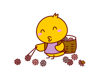 栗拾いをするひよこ