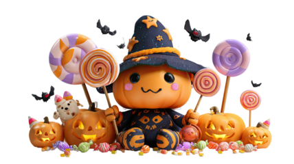 Cute pumpkin witch holding colorful lollipops surrounded by jack o lanterns and candies isolated on white background