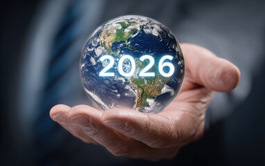 Fototapeta premium Holding Earth 2026: A Vision of the Future, Global Opportunities and Sustainable Growth