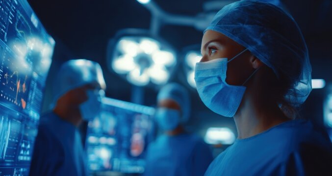 Surgical Team Performing Advanced Operation with High-Tech Monitoring Equipment in Modern Operating Room