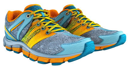 Colorful running shoes with blue yellow and orange details mesh texture and laces pair isolated on white background