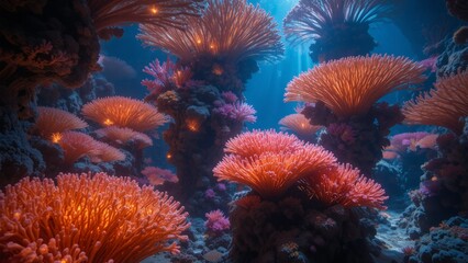 Obraz premium A glowing coral forest rising from a dreamlike underwater world
