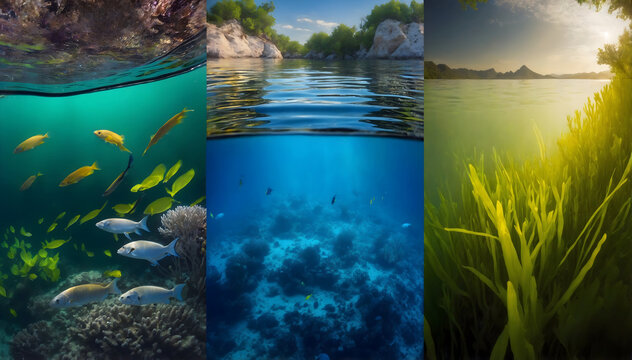 An enchanting underwater vista, split across three panels. Showcasing vibrant marine life, the deep blue of the ocean depths, and sun-dappled seagrass meadows. A feast for the eyes and the mind
