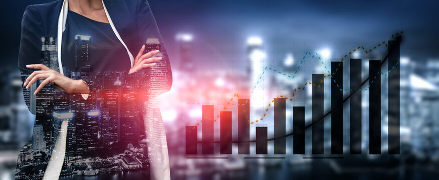 A businesswoman stands confidently with arms crossed, surrounded by a dynamic cityscape and an overlaid financial growth graph, symbolizing success. Impute