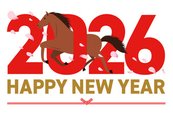 2026年の数字をくぐる午とhappy new yearの挨拶が書かれた桜が舞い散る新年イラスト
