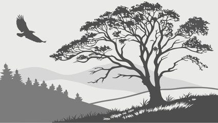 Fototapeta premium Silhouette of a bird flying over a tree and mountain landscape illustration.